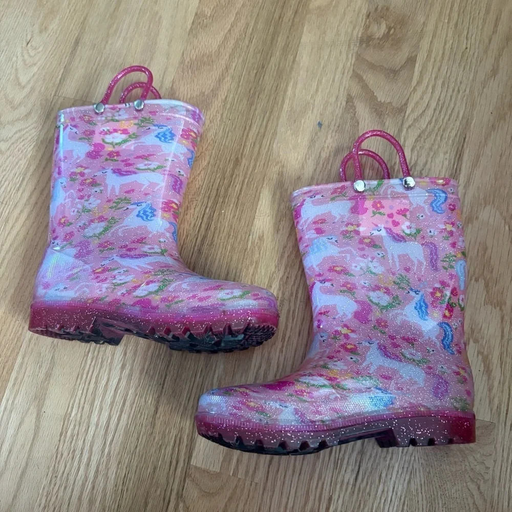 Girls Pink Unicorn Print Rain Boots with Easy Pull Handles Sz 13/1 Members Mark
